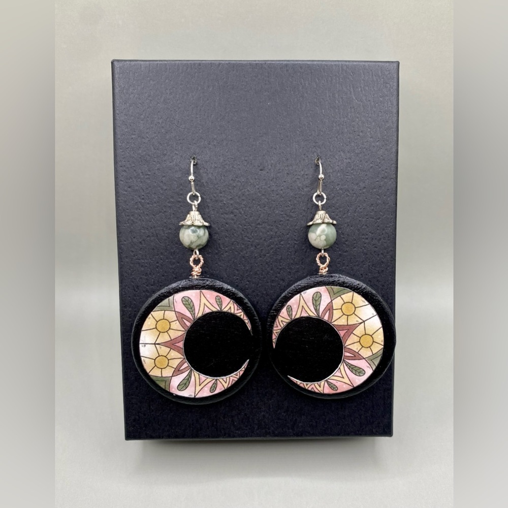 🌛🌸Harmony Agate Wooden Moon Earrings